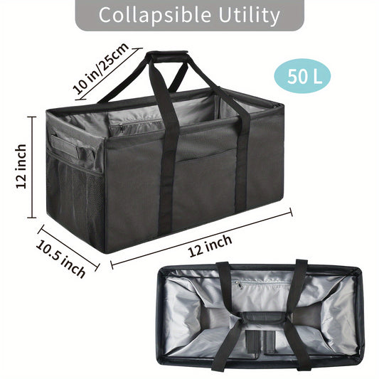 1pc Extra Large Utility Tote Reusable Grocery Bag, Foldable, Upgraded Metal Frame with Sturdy Handles, Reinforced Bottom Heavy Duty Oxford Cloth Moving Shopping Bag, Mounted Closet Systems