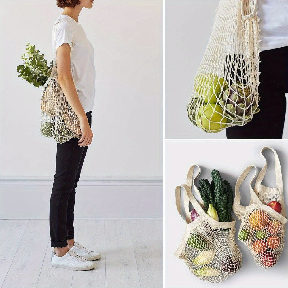 5pcs Reusable Cotton Mesh Tote Bags – High-Quality, Foldable Shopping Bags for Groceries, Beach & Picnics, Large Capacity, Durable & Lightweight, Beige, Orange-Pink, Forest Green