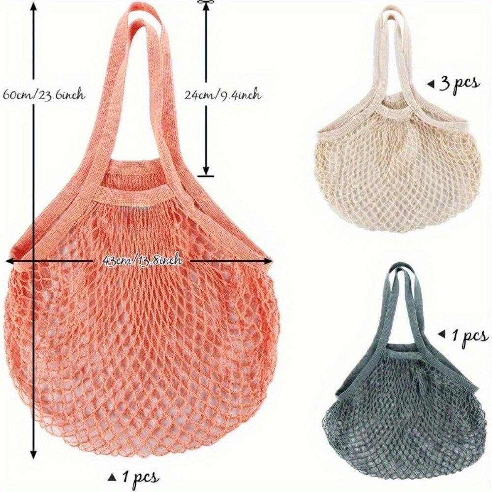 5pcs Reusable Cotton Mesh Tote Bags – High-Quality, Foldable Shopping Bags for Groceries, Beach & Picnics, Large Capacity, Durable & Lightweight, Beige, Orange-Pink, Forest Green