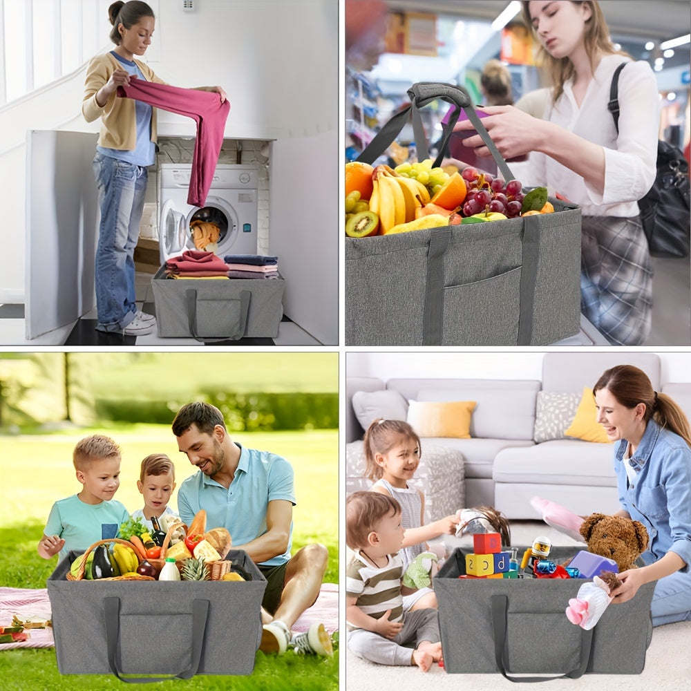 1pc Extra Large Utility Tote Reusable Grocery Bag, Foldable, Upgraded Metal Frame with Sturdy Handles, Reinforced Bottom Heavy Duty Oxford Cloth Moving Shopping Bag, Mounted Closet Systems